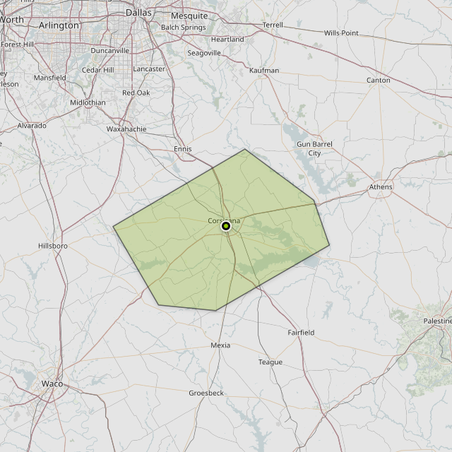 Map showing Navarro County around Corsicana, TX
