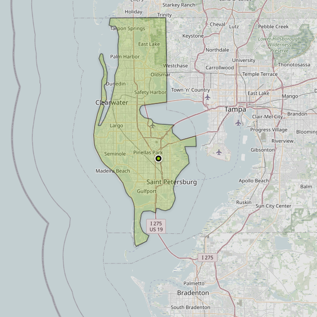 Map showing Pinellas County around St. Petersburg, FL