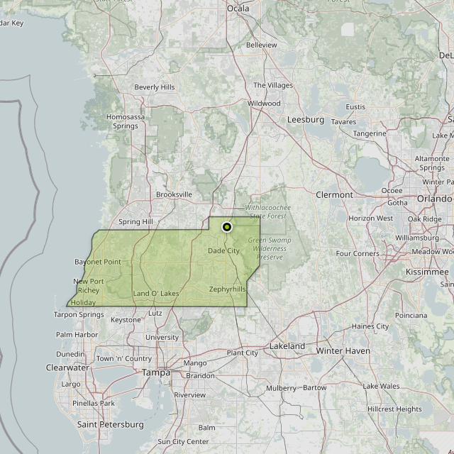 Map showing Pasco County around Lacoochee, FL