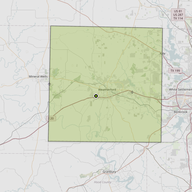 Map showing Parker County around Weatherford, TX