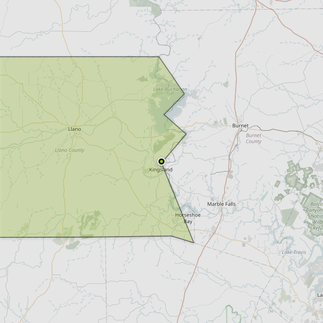 Map showing Llano County around Kingsland, TX