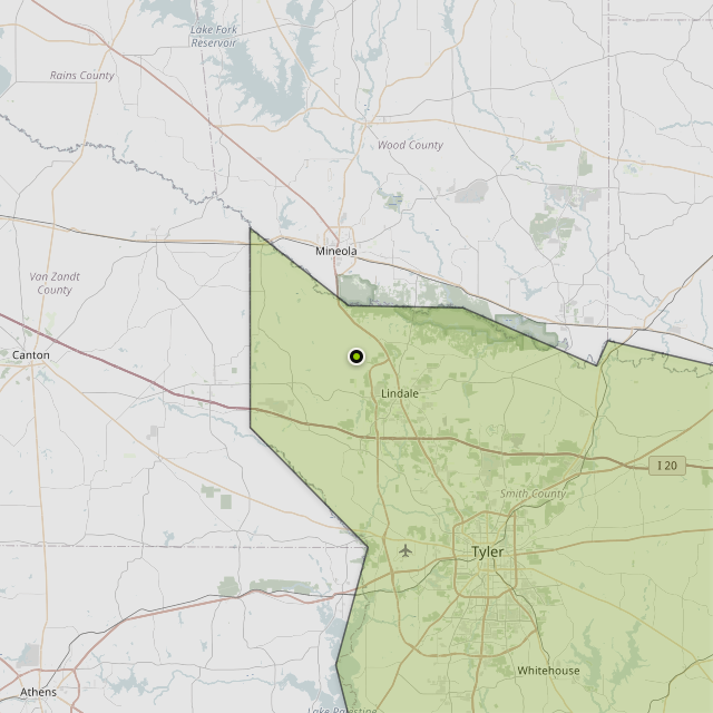 Map showing Smith County around Lindale, TX