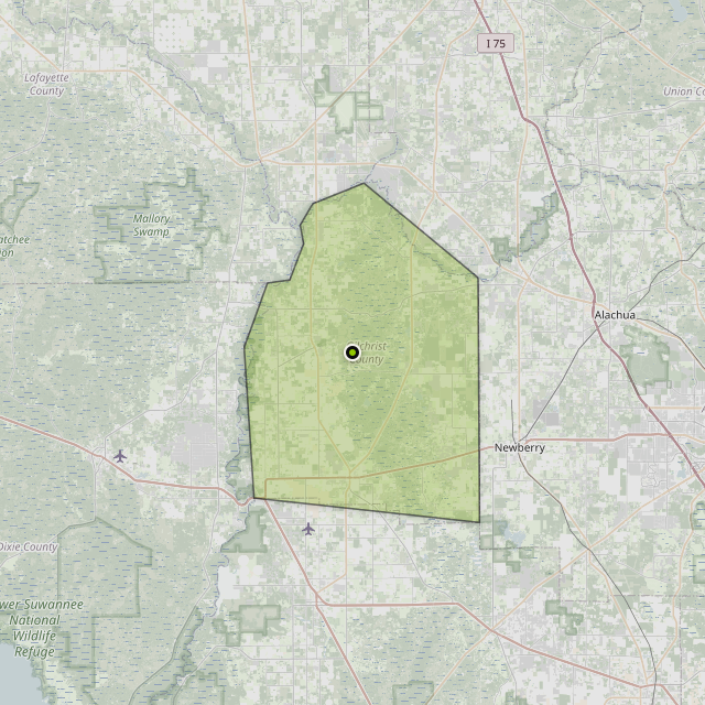 Map showing Gilchrist County around Trenton, FL