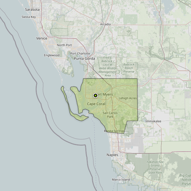 Map showing Lee County around Cape Coral, FL