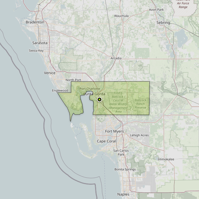 Map showing Charlotte County around Punta Gorda, FL