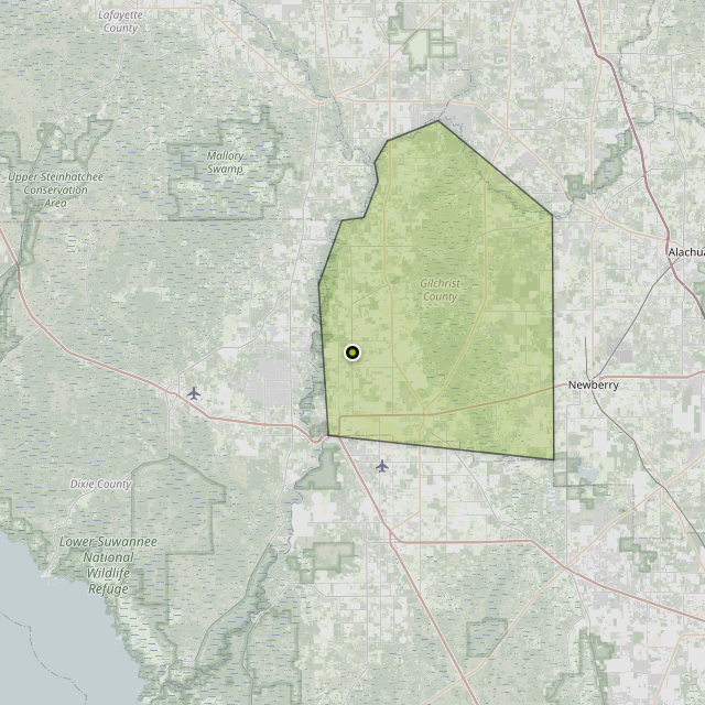 Map showing Gilchrist County around Bell, FL