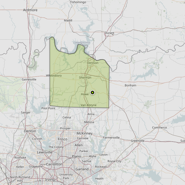 Map showing Grayson County around Sherman, TX