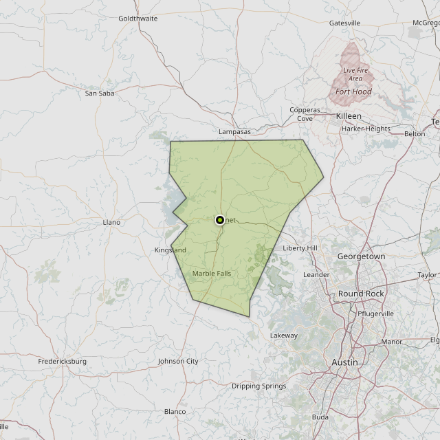 Map showing Burnet County around Burnet, TX