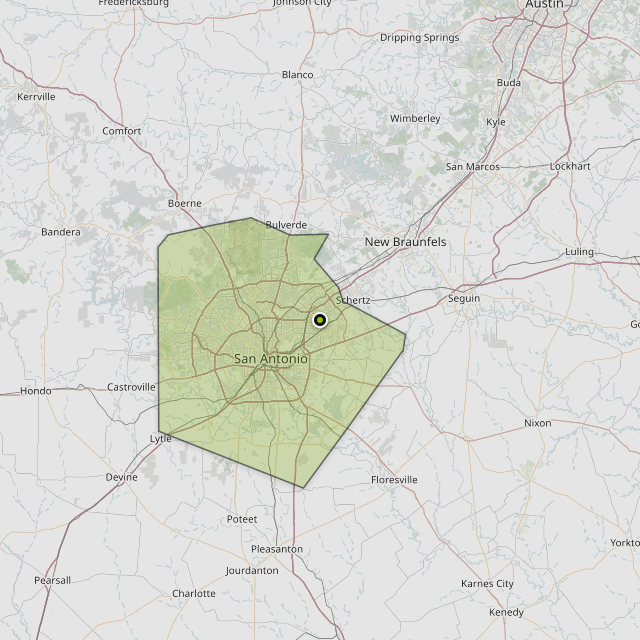 Map showing Bexar County around San Antonio, TX