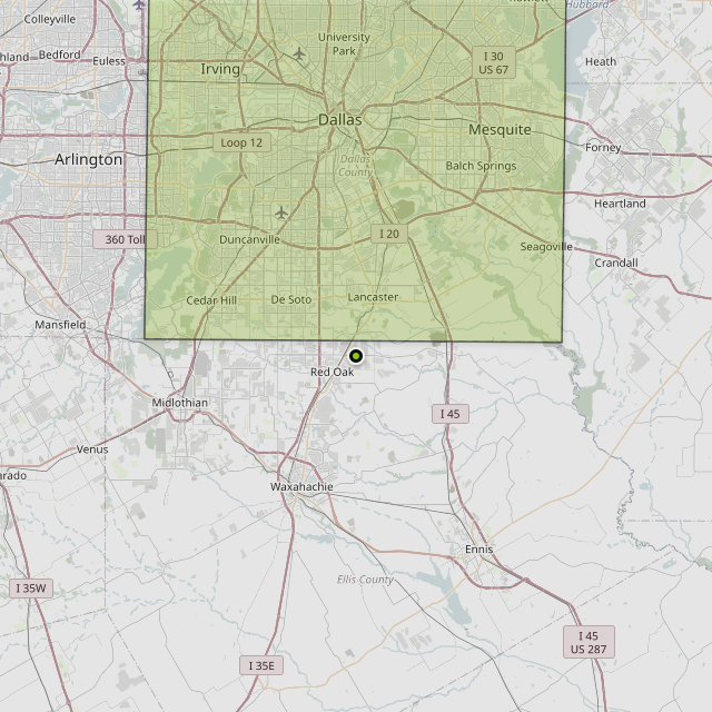 Map showing Dallas County around Red Oak, TX