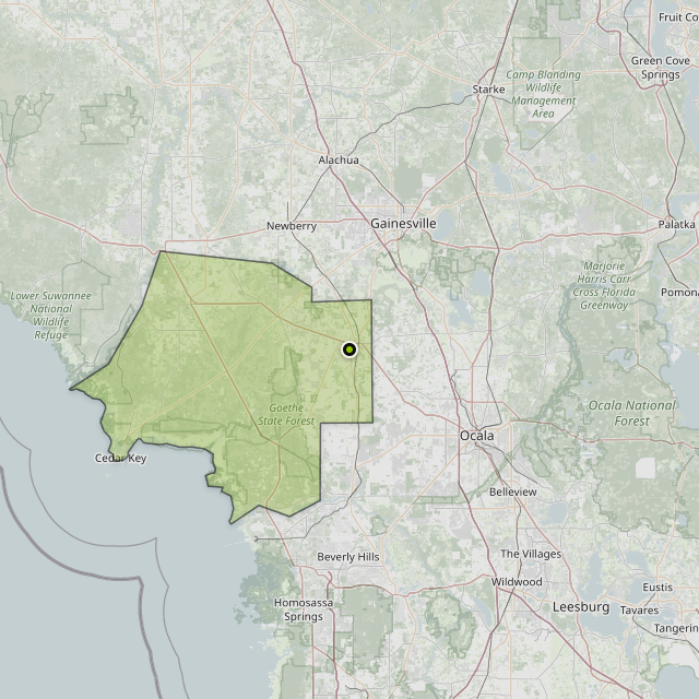 Map showing Levy County around Williston, FL