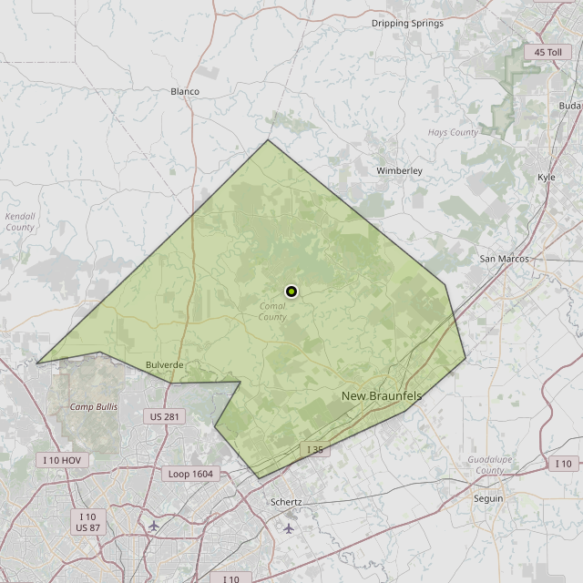 Map showing Comal County around Canyon Lake, TX