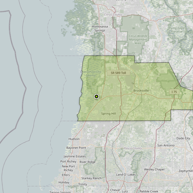 Map showing Hernando County around Spring Hill, FL