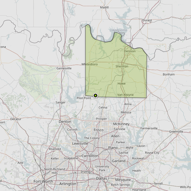 Map showing Grayson County around Gunter, TX