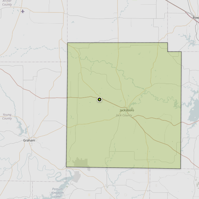 Map showing Jack County around Jacksboro, TX