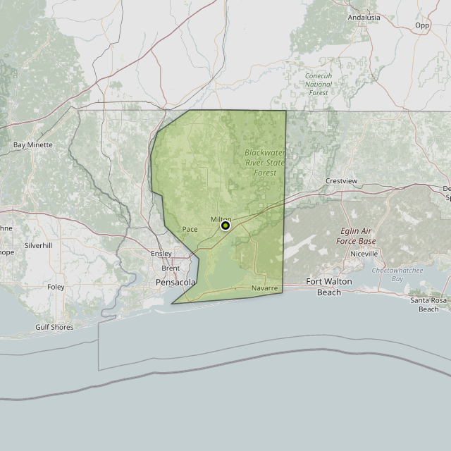 Map showing Santa Rosa County around Milton, FL