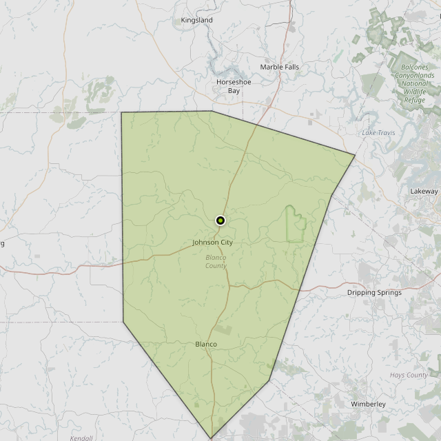 Map showing Blanco County around Johnson City, TX