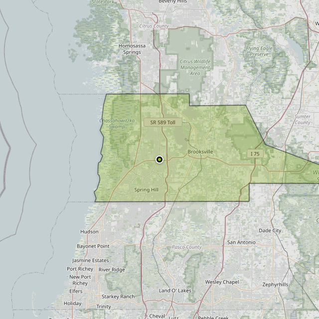 Map showing Hernando County around Brooksville, FL