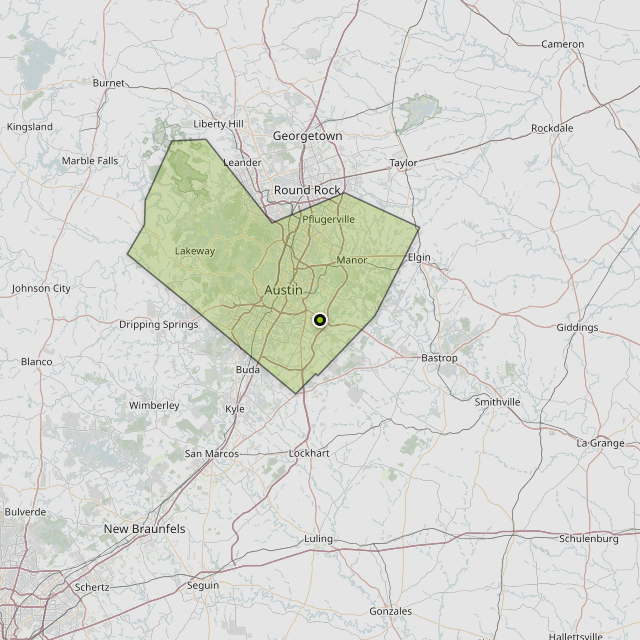 Map showing Travis County around Hornsby Bend, TX