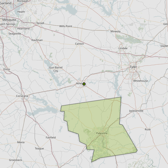Map showing Anderson County around Athens, TX