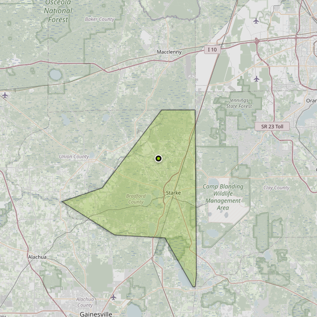 Map showing Bradford County around Starke, FL