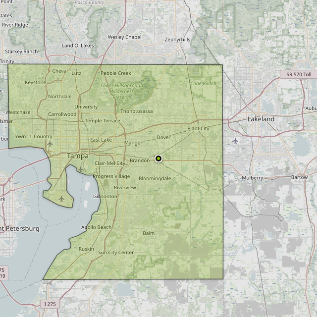 Map showing Hillsborough County around Valrico, FL