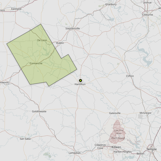 Map showing Comanche County around Hamilton, TX