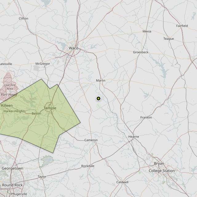 Map showing Bell County around Rosebud, TX