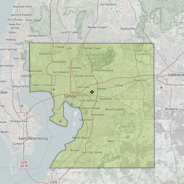Map showing Hillsborough County around Brandon, FL