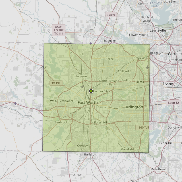 Map showing Tarrant County around Fort Worth, TX