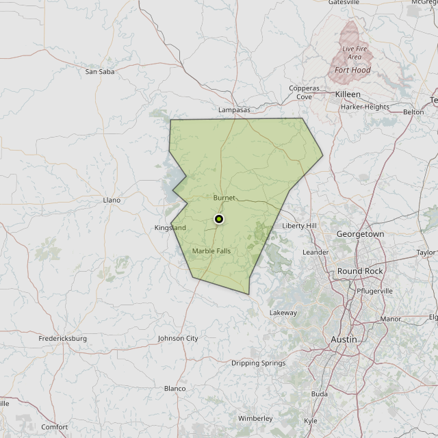 Map showing Burnet County around Burnet, TX