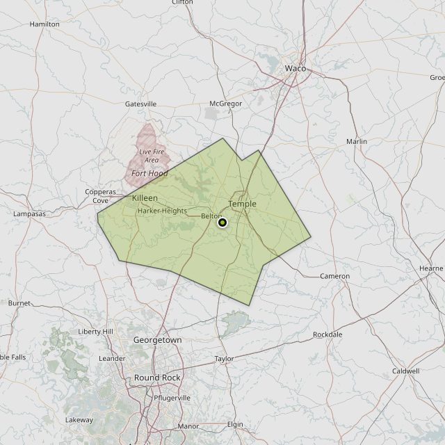 Map showing Bell County around Temple, TX