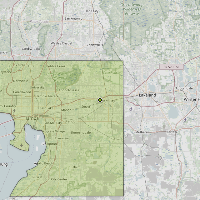 Map showing Hillsborough County around Plant City, FL