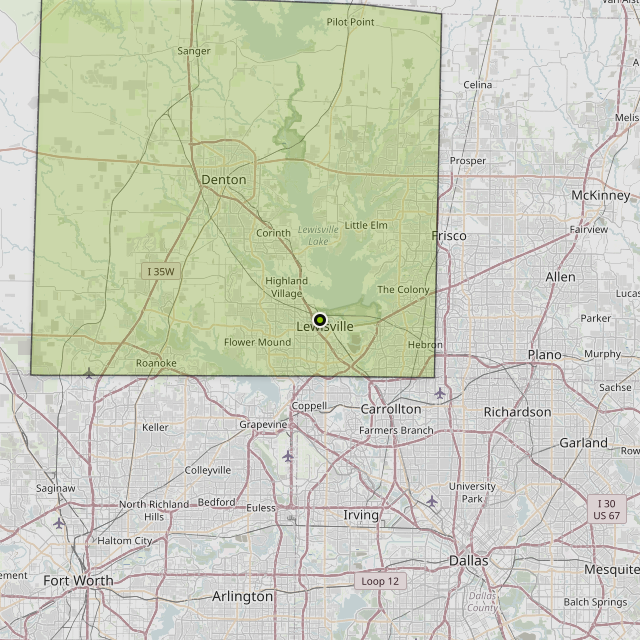 Map showing Denton County around Lewisville, TX