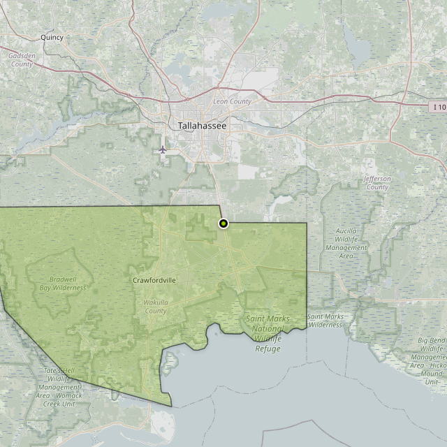 Map showing Wakulla County around Crawfordville, FL