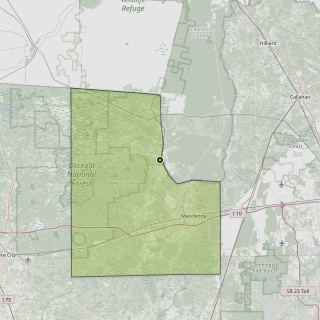 Map showing Baker County around Glen St Mary, FL