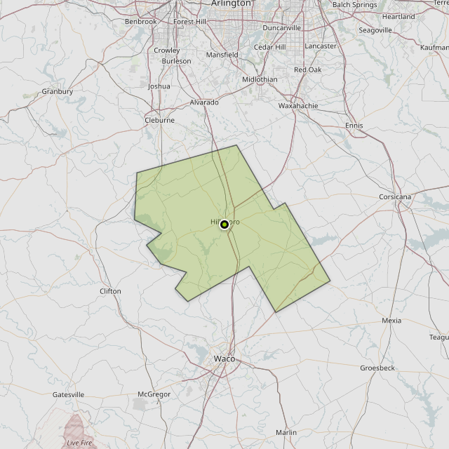 Map showing Hill County around Hillsboro, TX