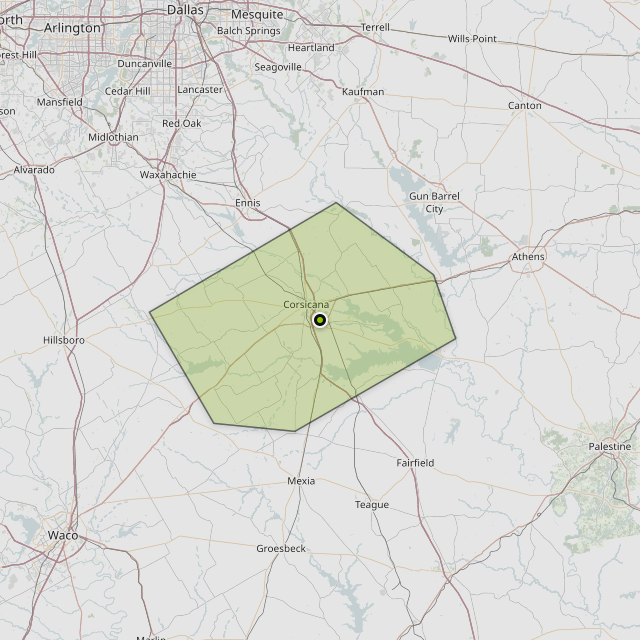 Map showing Navarro County around Corsicana, TX