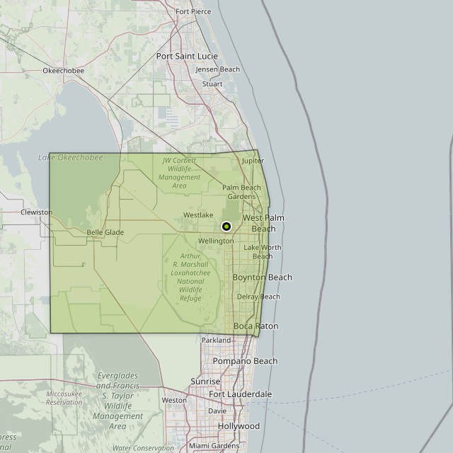 Map showing Palm Beach County around West Palm Beach, FL