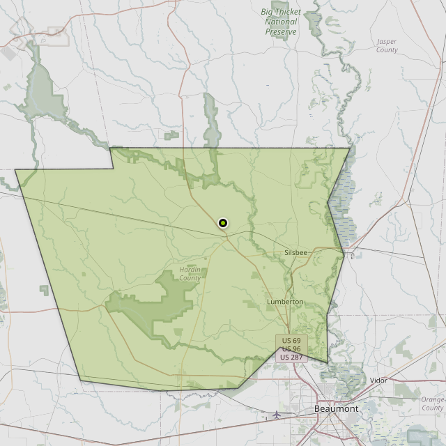 Map showing Hardin County around Kountze, TX