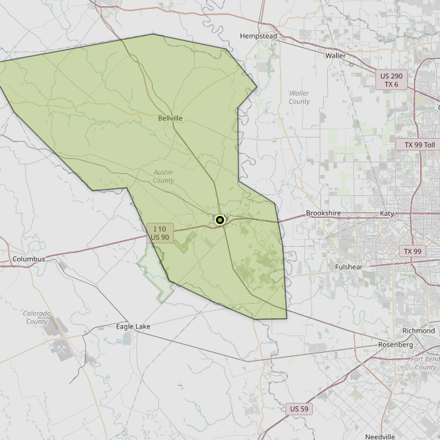 Map showing Austin County around Sealy, TX