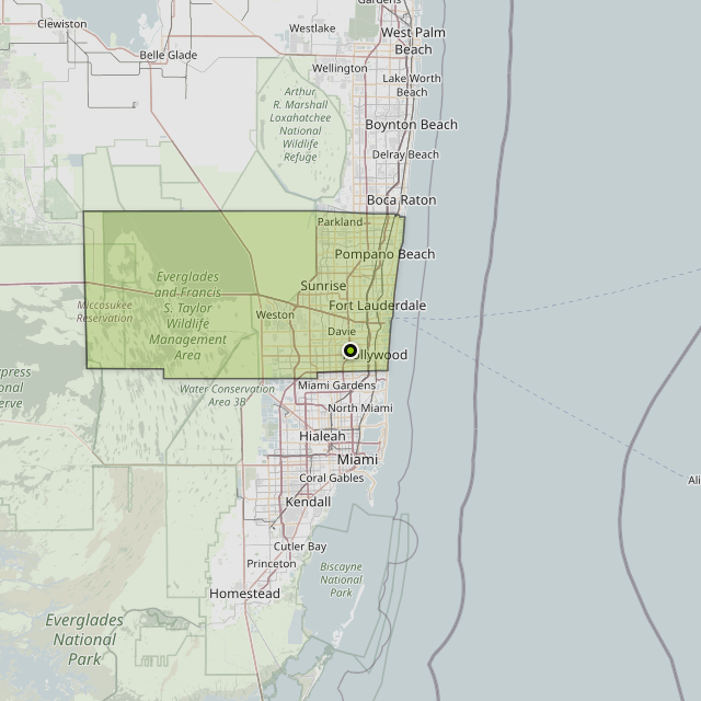Map showing Broward County around Hollywood, FL