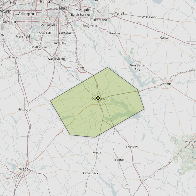 Map showing Navarro County around Corsicana, TX
