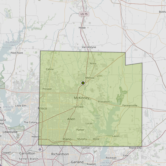 Map showing Collin County around Melissa, TX