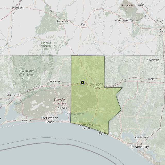 Map showing Walton County around DeFuniak Springs, FL
