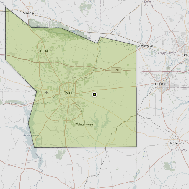 Map showing Smith County around Tyler, TX