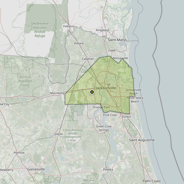Map showing Duval County around Jacksonville, FL
