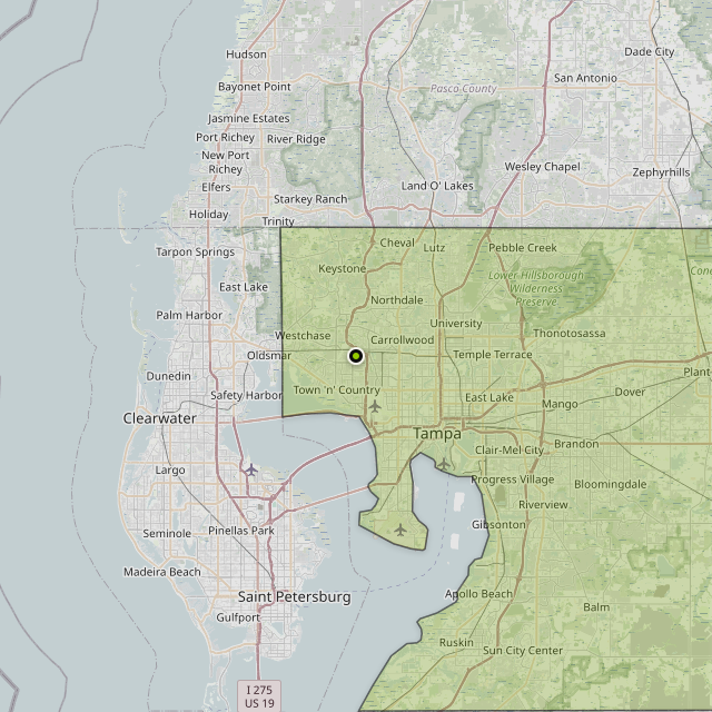 Map showing Hillsborough County around Tampa, FL