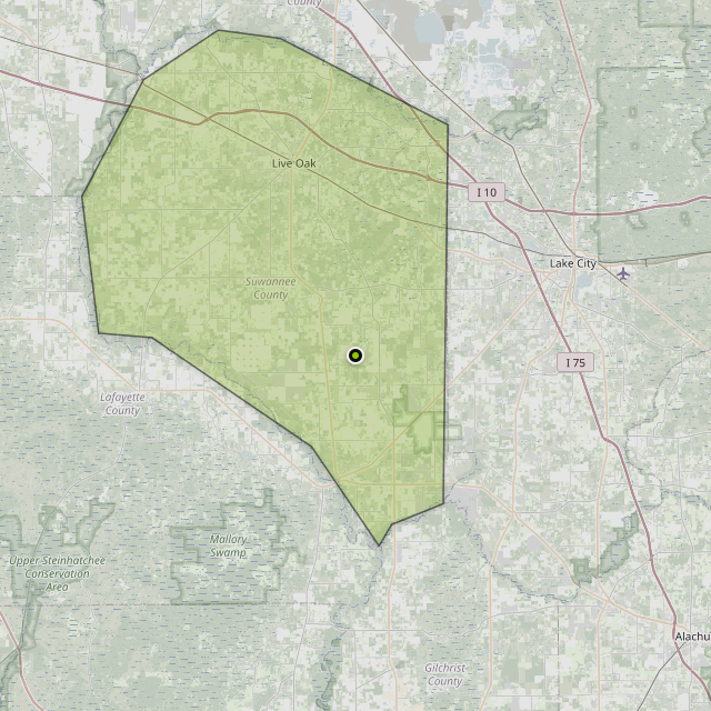 Map showing Suwannee County around McAlpin, FL