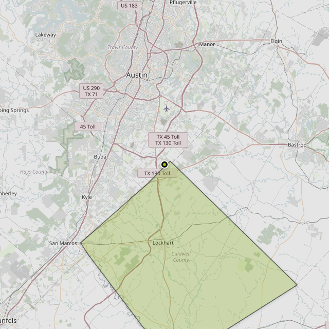 Map showing Caldwell County around Buda, TX